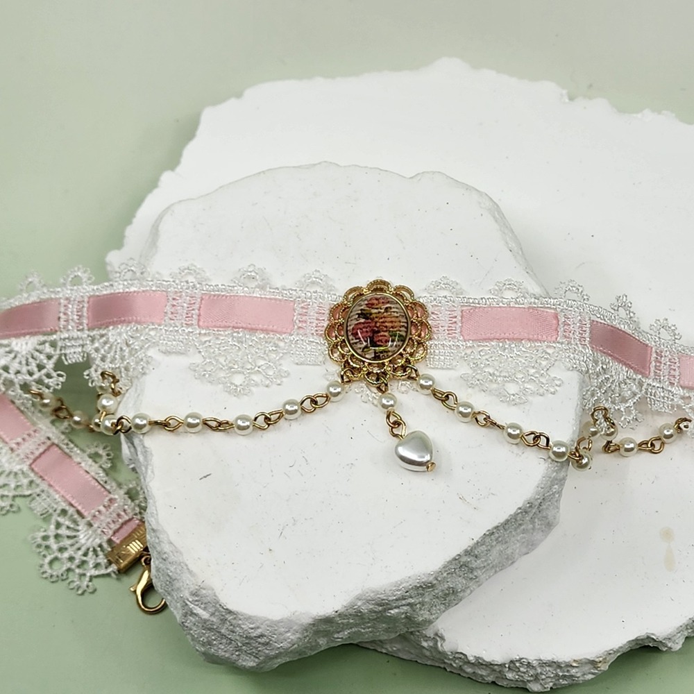 Pink Lace Choker Necklace Faux Pearl Heart Floral Cameo Coquette Gold Tone Gift
